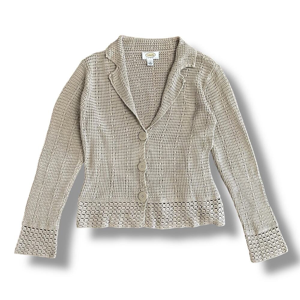 Talbots Petites Beige Silk Cotton Knit Cardigan Blazer‎ Sweater Jacket L Classic